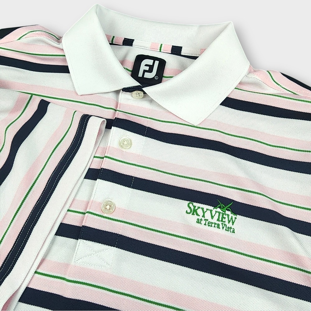 FootJoy Men's Golf Polo Shirt Large Pink Navy Stripe Skyview Terra Vista Logo